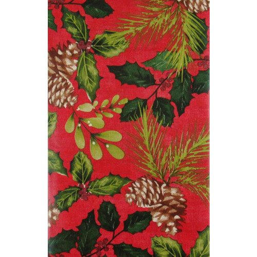Christmas tablecloth with holly mistletoe pine branches red