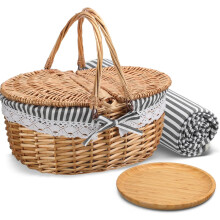 Picnic Basket Set Grey Wicker with Blanket Bamboo Plates