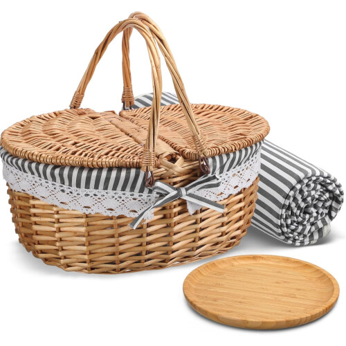 Picnic Basket Set Grey Wicker with Blanket Bamboo Plates