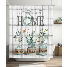 Farmhouse Shower Curtain Green Eucalyptus Butterfly Design
