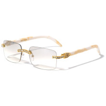 Men's rectangular rimless eyeglasses with clear lenses and