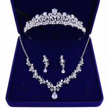 Wedding Crystal Necklace and Earrings Set with Tiara Silver