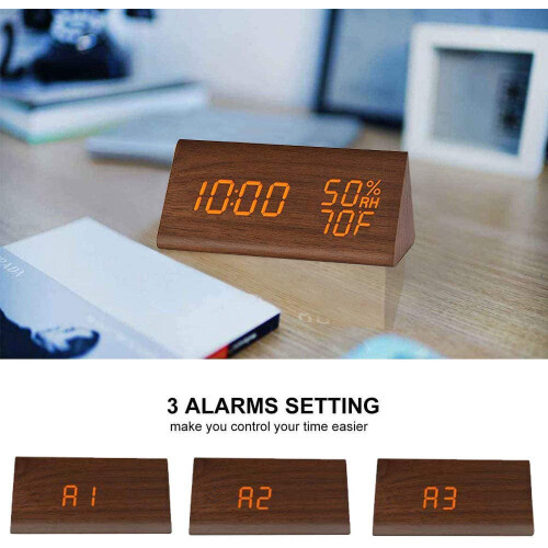 Digital väckarklocka i trä med LED-display, 3 larm 2