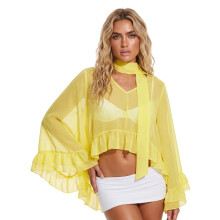 (M, Yellow) Women's Sheer Cape Tops Ruffled Hem Long Sleeve V-Neck Loose Lightweight Blouse with Matching Neck Scarf