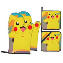 Sada 4 kusů kuchyňských rukavic a chňapek Pokemon, vysoce tepelně odolné, 500 stupňů, extra silné, dlouhé bavlněné kuchyňské rukavice