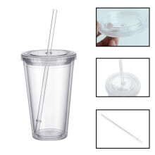 Clear Double-Wall Plastic Tumbler with Lid and Straw, 480ml