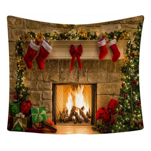 Christmas fireplace backdrop with tree 95x73 cm