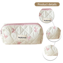 Cute Bow Makeup Organizer Bag Cotton Quilted Zipper