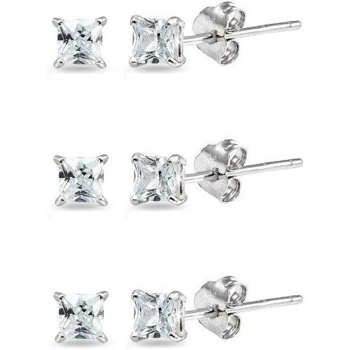 Sterling Silver Princess-Cut CZ Stud Earrings 2mm 3 Pairs