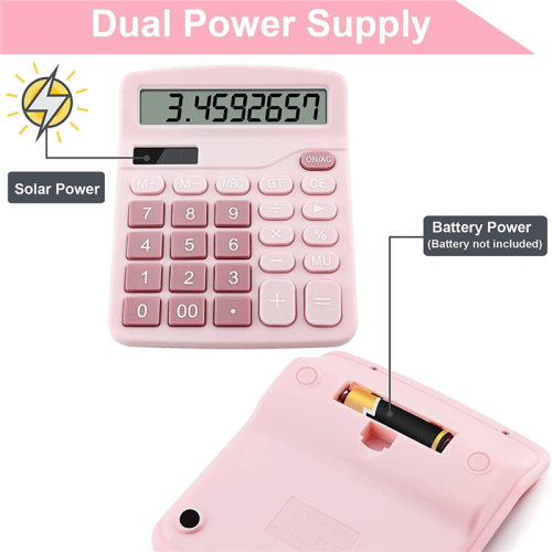 Calculadora eletrônica solar com dupla alimentação, 12 dígitos, rosa. 2