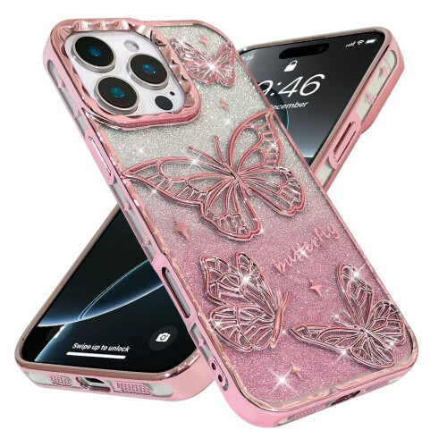 Θήκη iPhone 16 3D με γκλίτερ πεταλούδας, ροζ, 6,1 ιντσών 1
