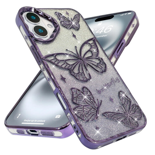iPhone16-kotelo pinkki 3D-perhonen glitter-ohut 1