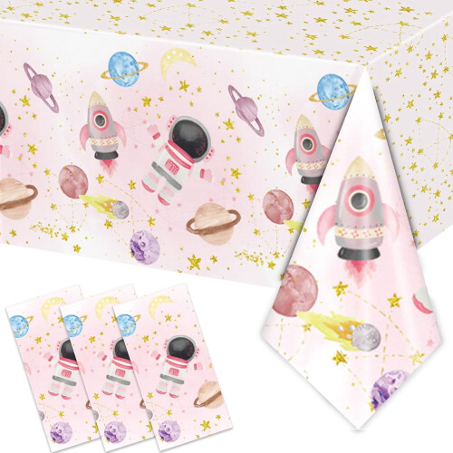 Space Theme Tablecloth Pink Moon Star Design 3PCS 54x108in