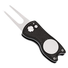 Golf divot repair tool with ball marker and putting fork