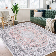 Vintage Area Rug Washable Traditional Design 5' x 7' Pink