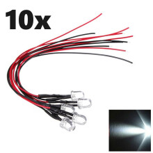 White 1-LED Light Bulb Wired Round Top 5V-12V 10 Pack