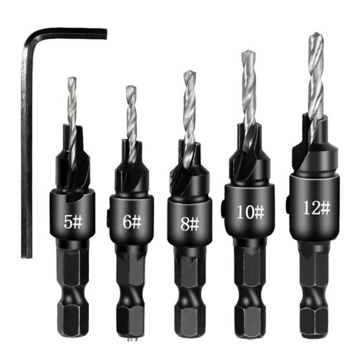Countersink Wood Drill Bit Set HSS 1/4" Hex Shank 6 8 10 12
