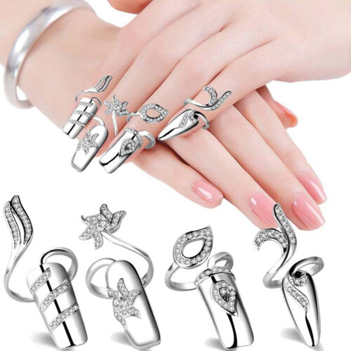 Rhinestone fingernail ring set silver 4 pcs