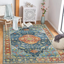 Persian vintage medallion chenille rug 5x7 ft blue red