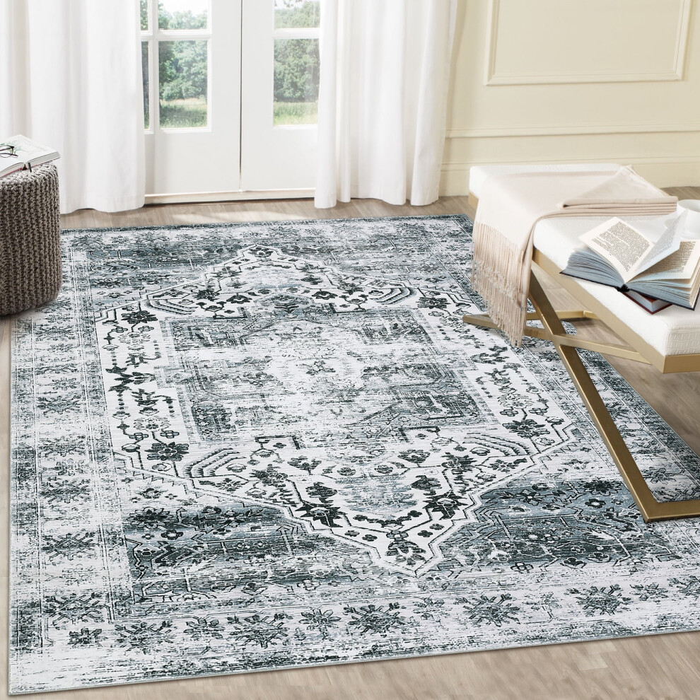 Grey Vintage Oriental Area Rug Machine Washable