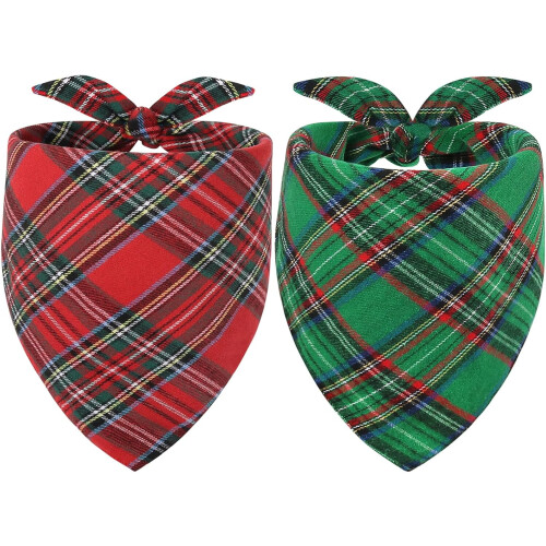Dog Christmas Bandana Plaid Triangle 2 Pack Green