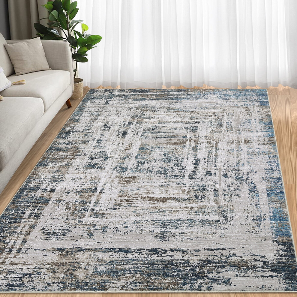 Contemporary distressed area rug blue 5' x 7'