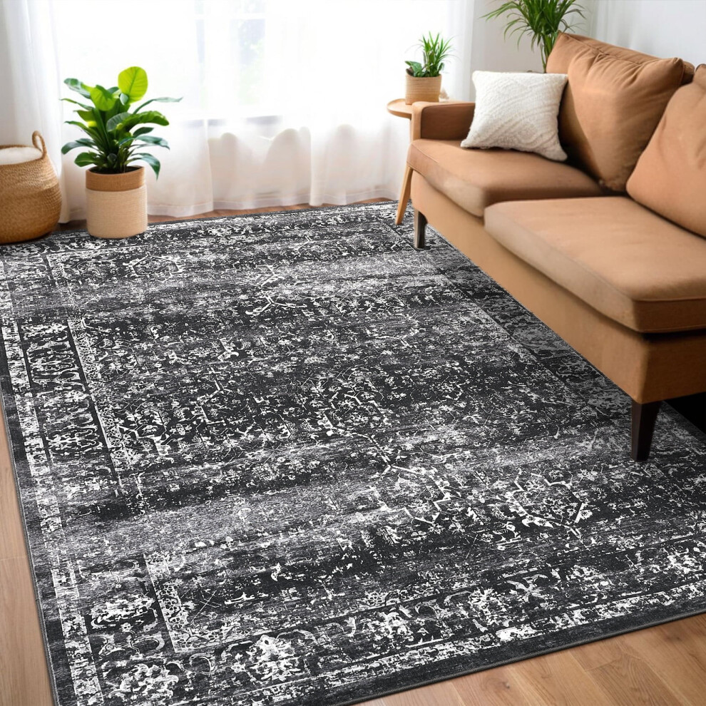 Bohemian area rug black 5'x7' washable non-slip