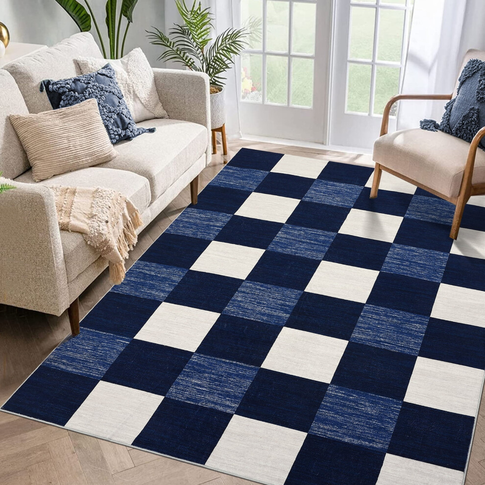 Modern plaid area rug navy and grey 5 ft x 7 ft