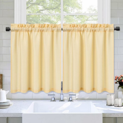 Kitchen Tier Curtains Waffle Texture Light Filtering Yellow