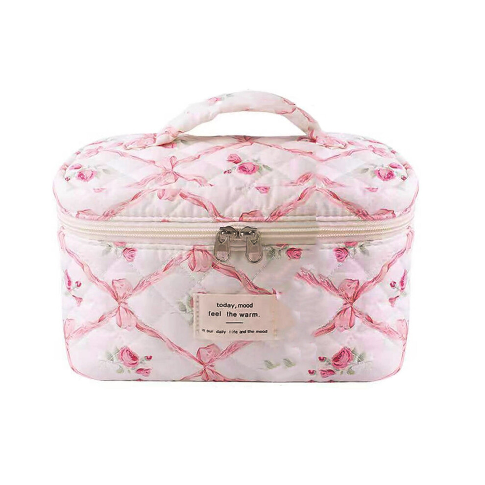 Quilted Makeup Bag Pink Floral Small Travel Pouch