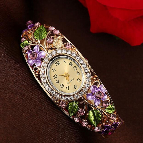 Pulseira feminina com pingente de flor de cristal e relógio de quartzo.
