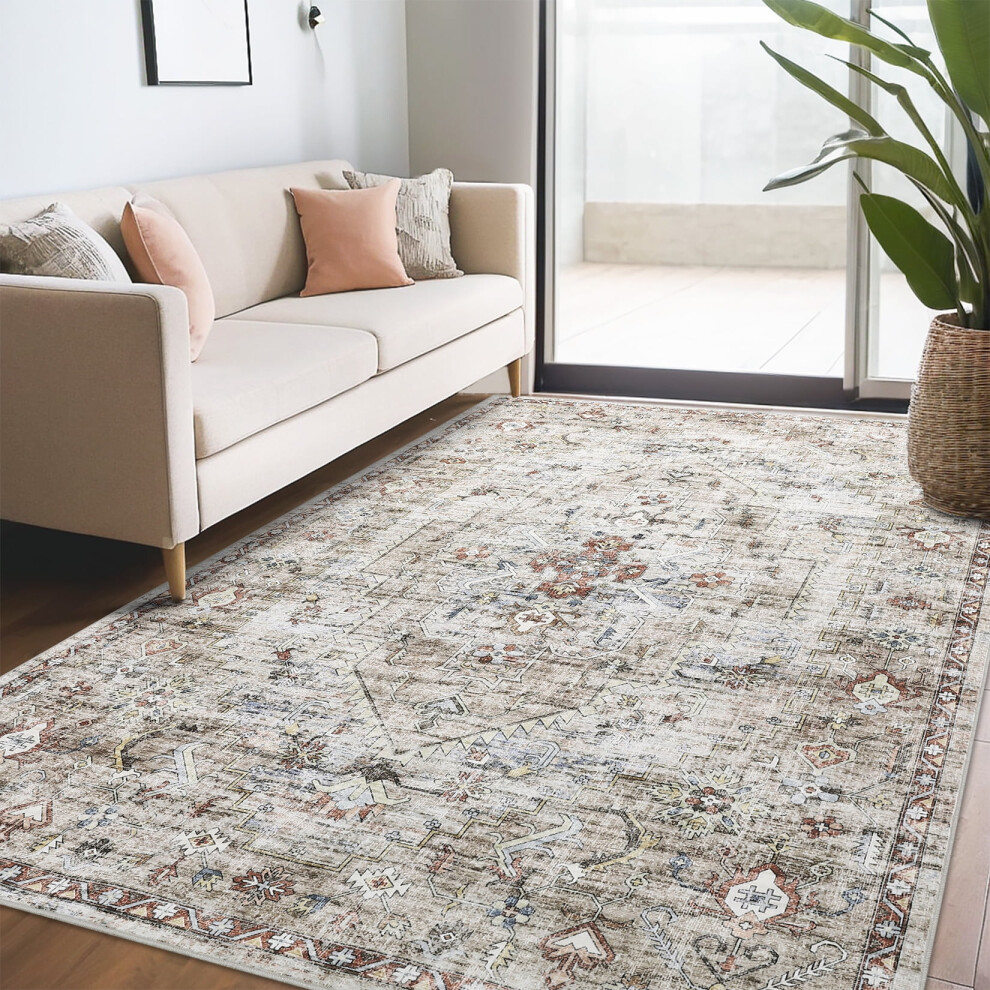 Brown Oriental vintage area rug stain-resistant washable 5'