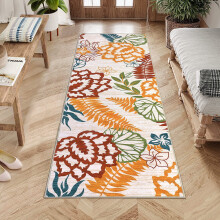 Modern floral washable rug beige orange 2 ft x 6 ft