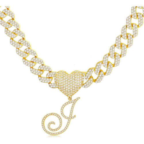 Gold-plated J initial pendant necklace with Cuban link chain