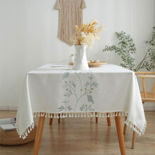 Rustic linen tablecloth beige embroidery rectangle heavy