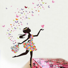 Flower Butterfly Girl Wall Mural Sticker, 1 Piece