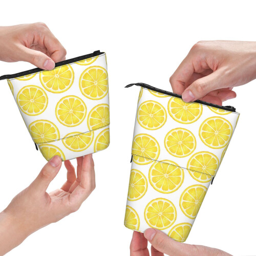 Yellow lemon-sliced pencil pouch for students, telescopic