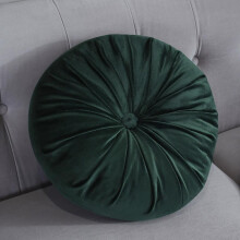Round velvet cushion pillow dark green pleated 1 piece