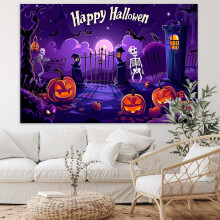 Fabric Banner Background with Pumpkin Bat Moon Theme for