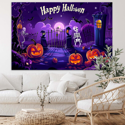 Fabric Banner Background with Pumpkin Bat Moon Theme for