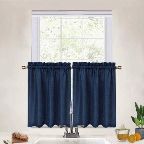 Kitchen Curtain Navy Blue Waffle Weave 30x30 Inch Short