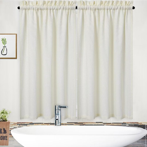Short Waffle Weave Tier Curtains for Bedroom, Ivory, 2