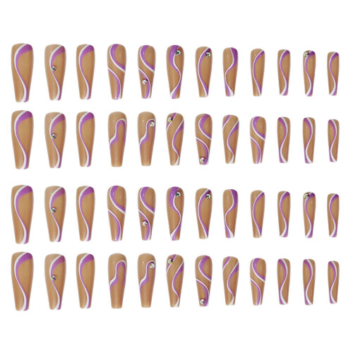 Hekezhi line pattern false nails full cover 48 pcs