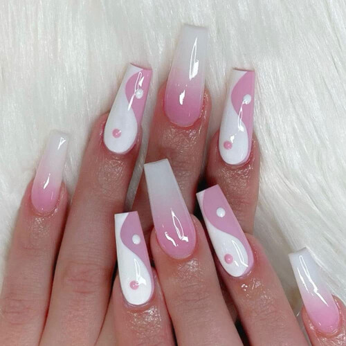 Pink acrylic false nails with Chinese Tai Chi design (24