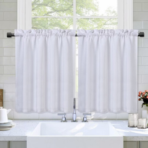 Kitchen Cafe Curtains Waffle Texture Light Filtering White