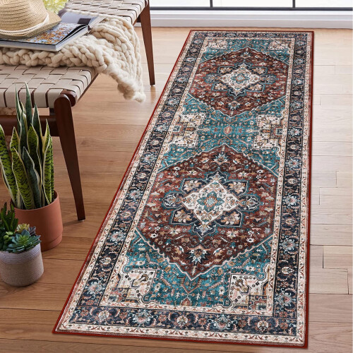 Runner Rug Red 2' x 6' Vintage Boho Floral Low Pile