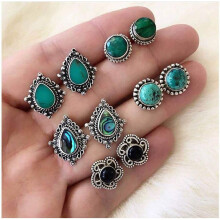 Boho turquoise stud earrings vintage silver 1 pair