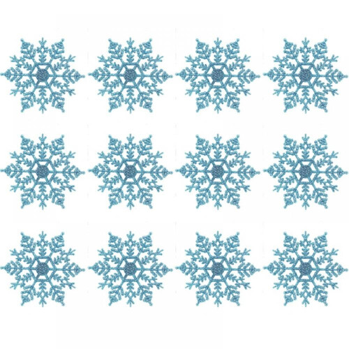 Blue Snowflake Ornaments Plastic Glitter 12 pcs