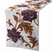 Silk beaded table runner ivory gold purple brown 14x60 inch
