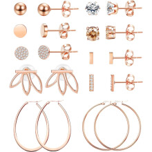 Rose Gold CZ Bar Stud Earrings Set Stainless Steel 10 Pairs